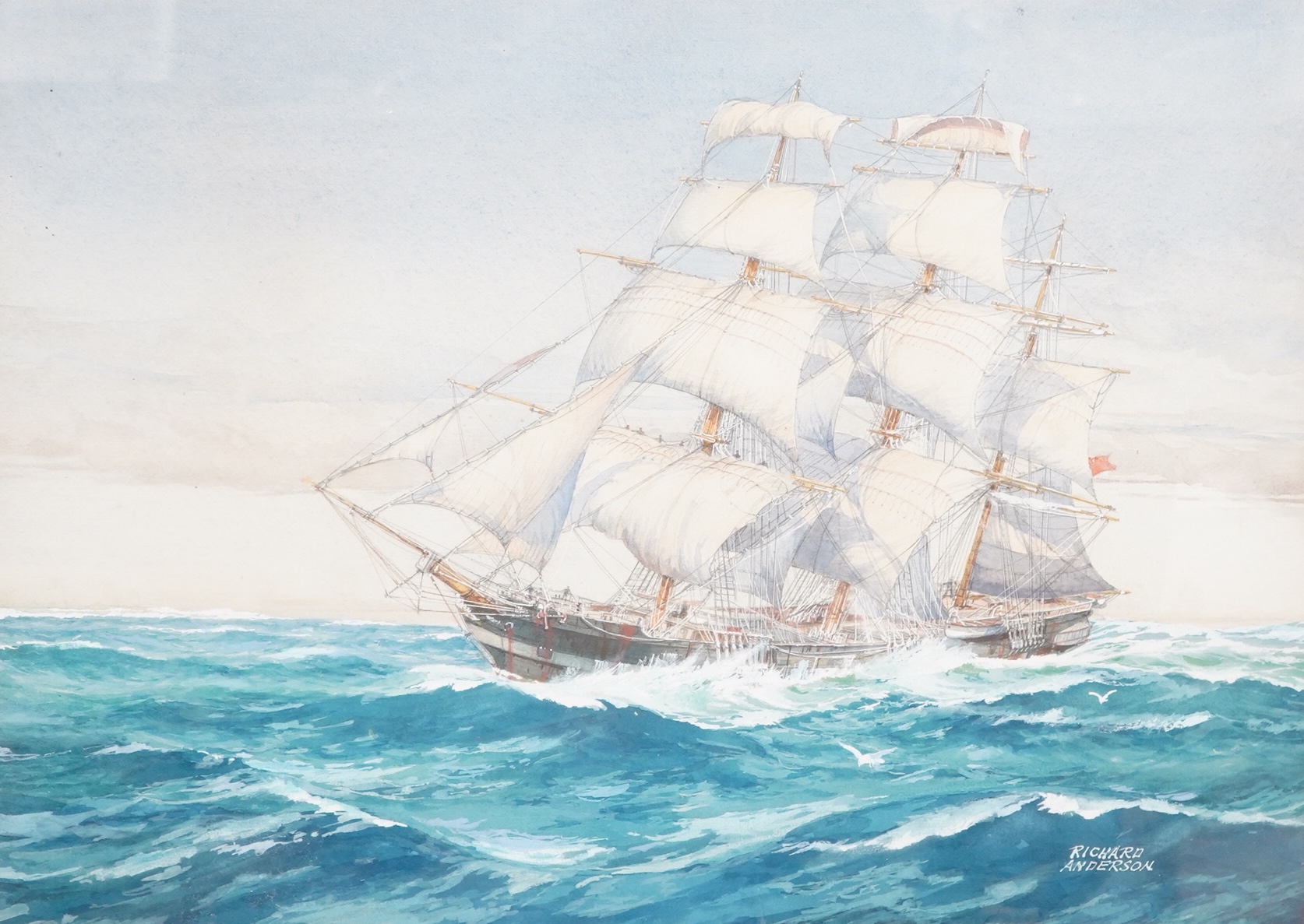 Richard Anderson (20th. C), Ship in full sail, signed, maritime interest watercolour, heightened with white, 37 x 52cm